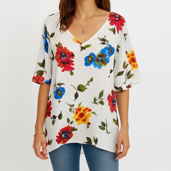 Milano Woman Floral Blouse 2X White V-Neck Flutter Sleeve Sheer Top Boho Spring - Picture 1 of 16